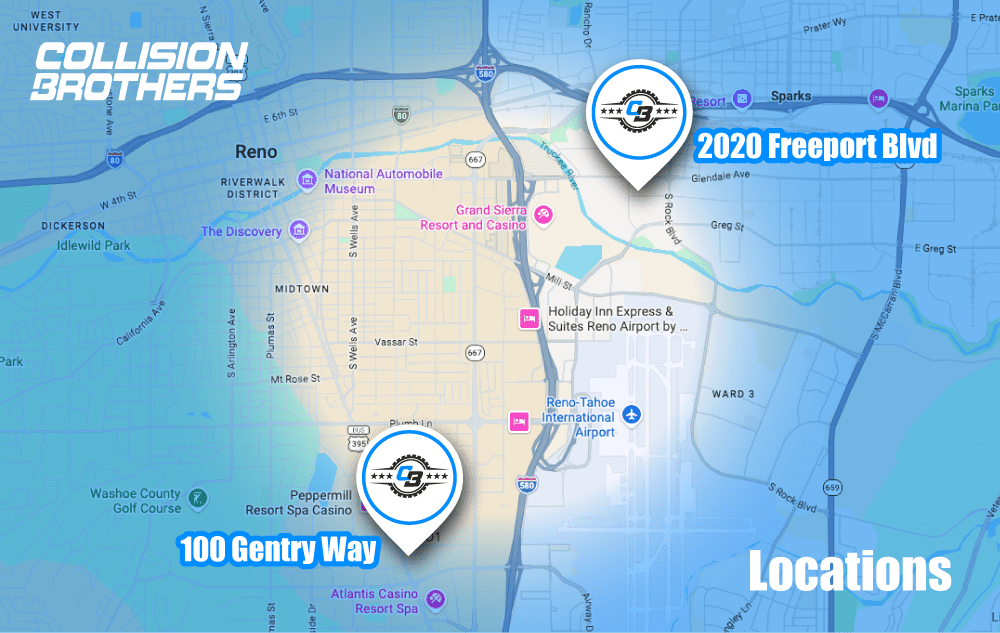Collision Brothers Repair Shop, Reno Sparks NV Two Central Locations Map